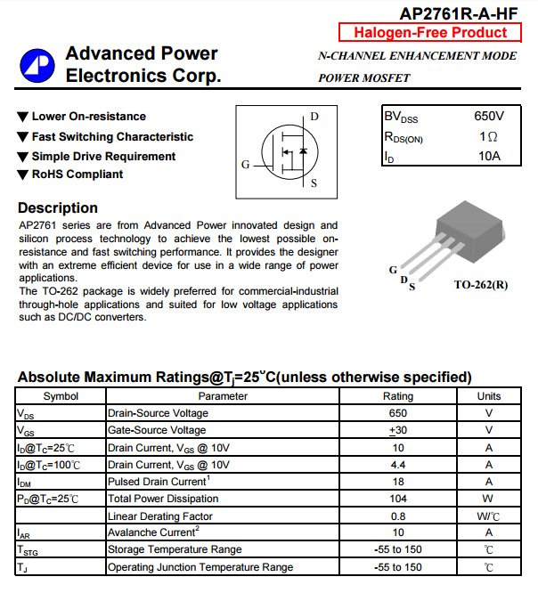 APEC AP2761R-A MOS管 TO-262(R)封裝中的N/P溝道場(chǎng)效應(yīng)管詳解